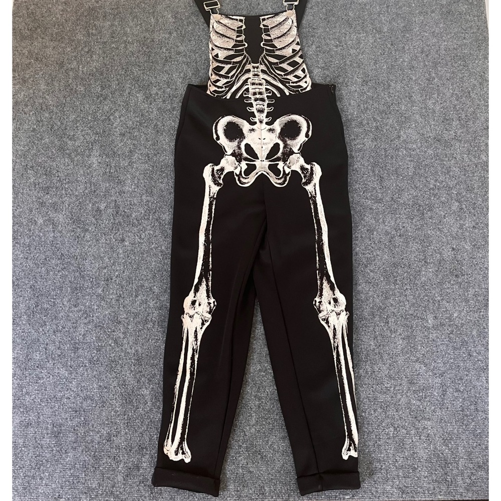 Social Collision Skeleton Print Overalls Black White Gothic Bib Pants Small